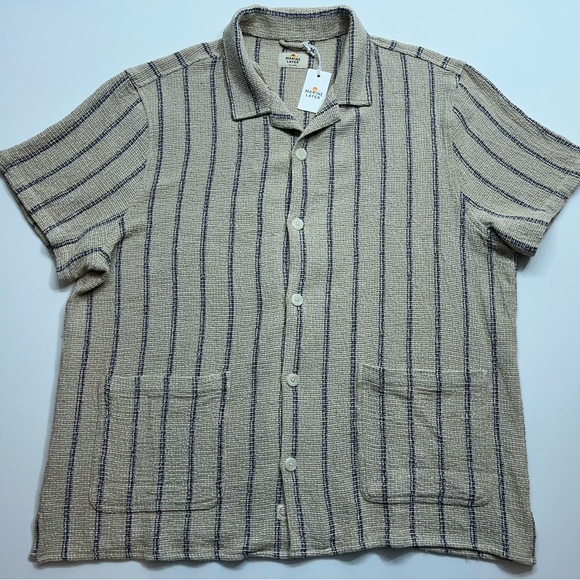 Marine Layer Camp Shirt Mens 2XL Short Sleeve Button Up Khaki Navy StripeNEW